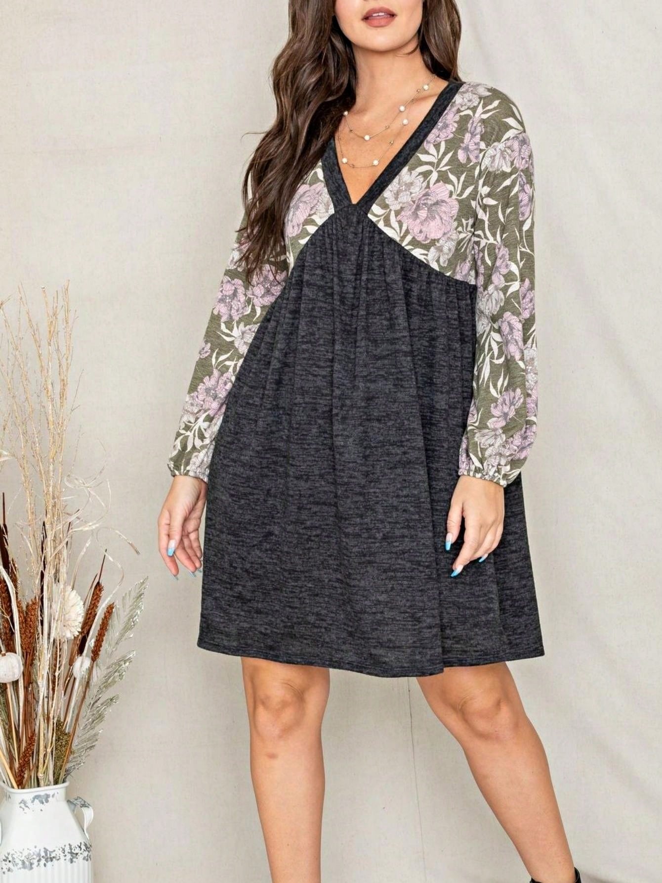 Boho Retro Black Coral  Ivory Burgundy Olive Charcoal  Half  Long Balloon Sleeve Ruffle Bell  Tiered Patch Work Flower Tiered Knit Dress