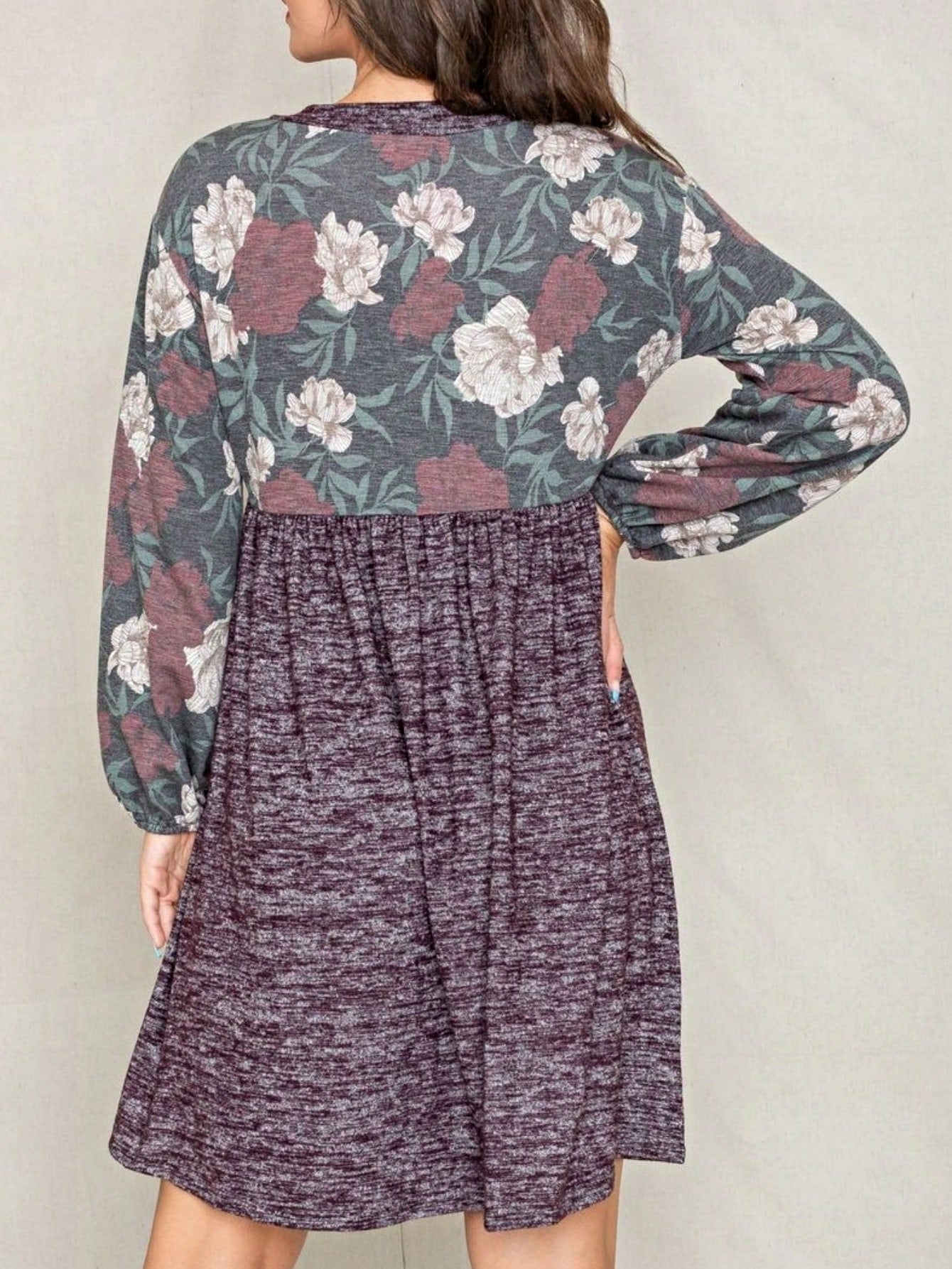 Boho Retro Black Coral  Ivory Burgundy Olive Charcoal  Half  Long Balloon Sleeve Ruffle Bell  Tiered Patch Work Flower Tiered Knit Dress