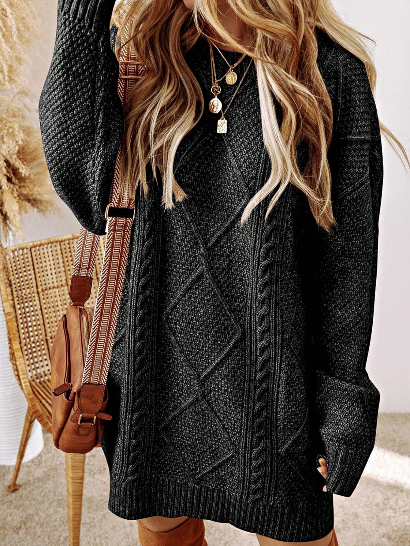 Boho Vacation 90's Cozy Fall/Winter Cable Knit Drop Shoulder Loose Fit Sweater Dress