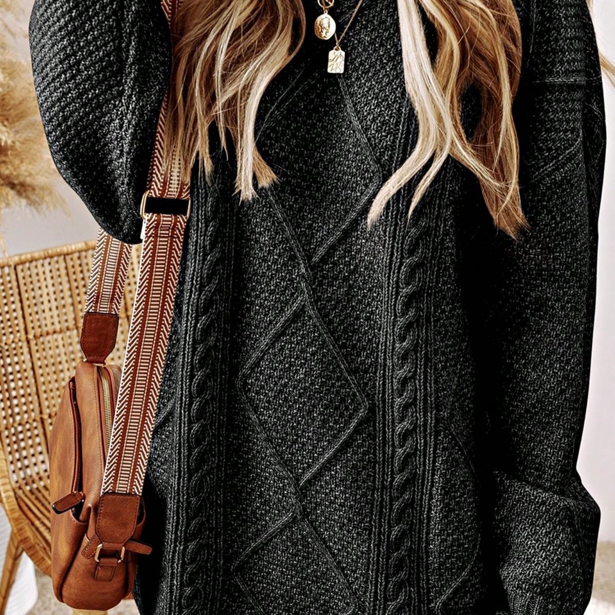Boho Vacation 90's Cozy Fall/Winter Cable Knit Drop Shoulder Loose Fit Sweater Dress