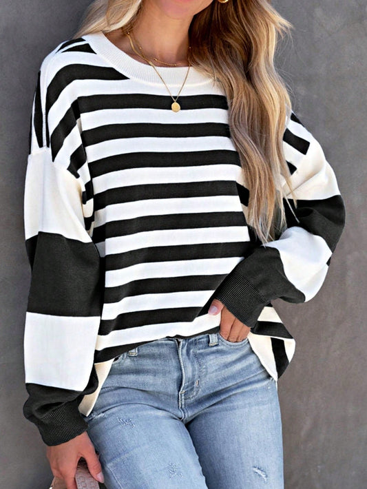 Boho Retro Vintage 90's Grey Blue Stripe Drop Shoulder Color Block Long Sleeve Top Shirt Sweatshirt Pullover