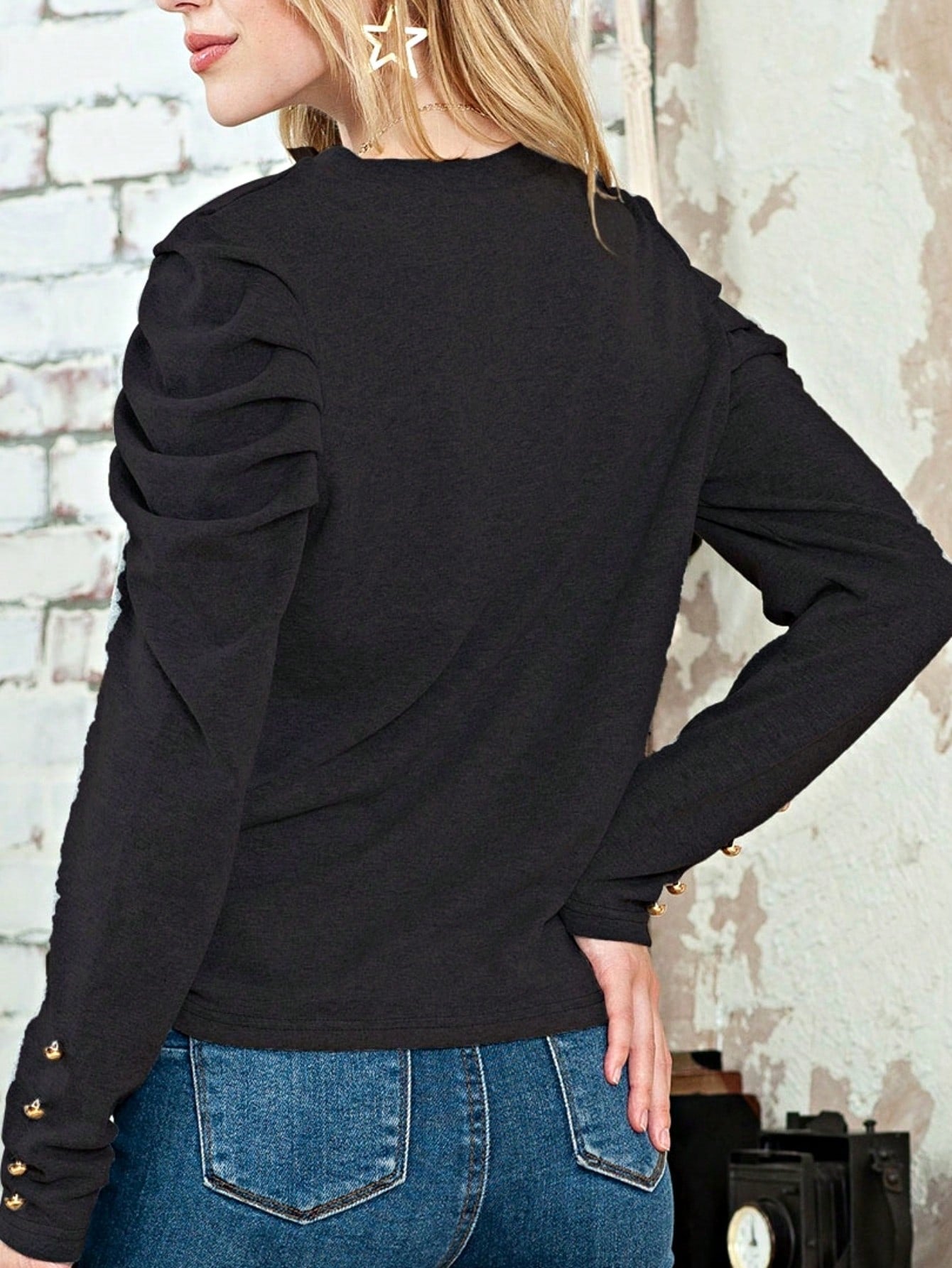 Boho Retro 90's Vintage Cotton Button V Neck Waffle Knit Top With Cuff Accent Blouse Shirt