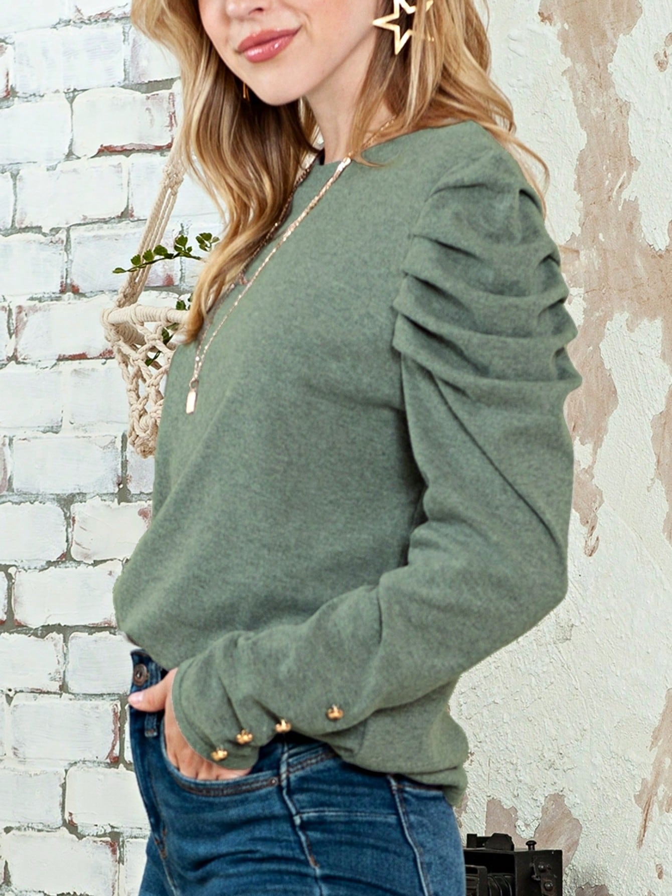 Boho Retro 90's Vintage Cotton Button V Neck Waffle Knit Top With Cuff Accent Blouse Shirt