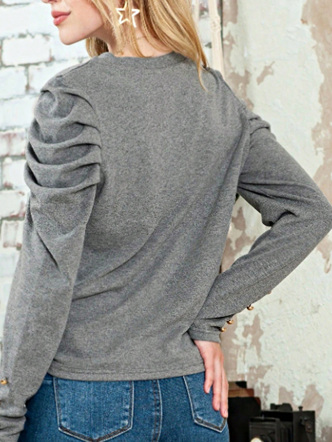 Boho Retro 90's Vintage Cotton Button V Neck Waffle Knit Top With Cuff Accent Blouse Shirt