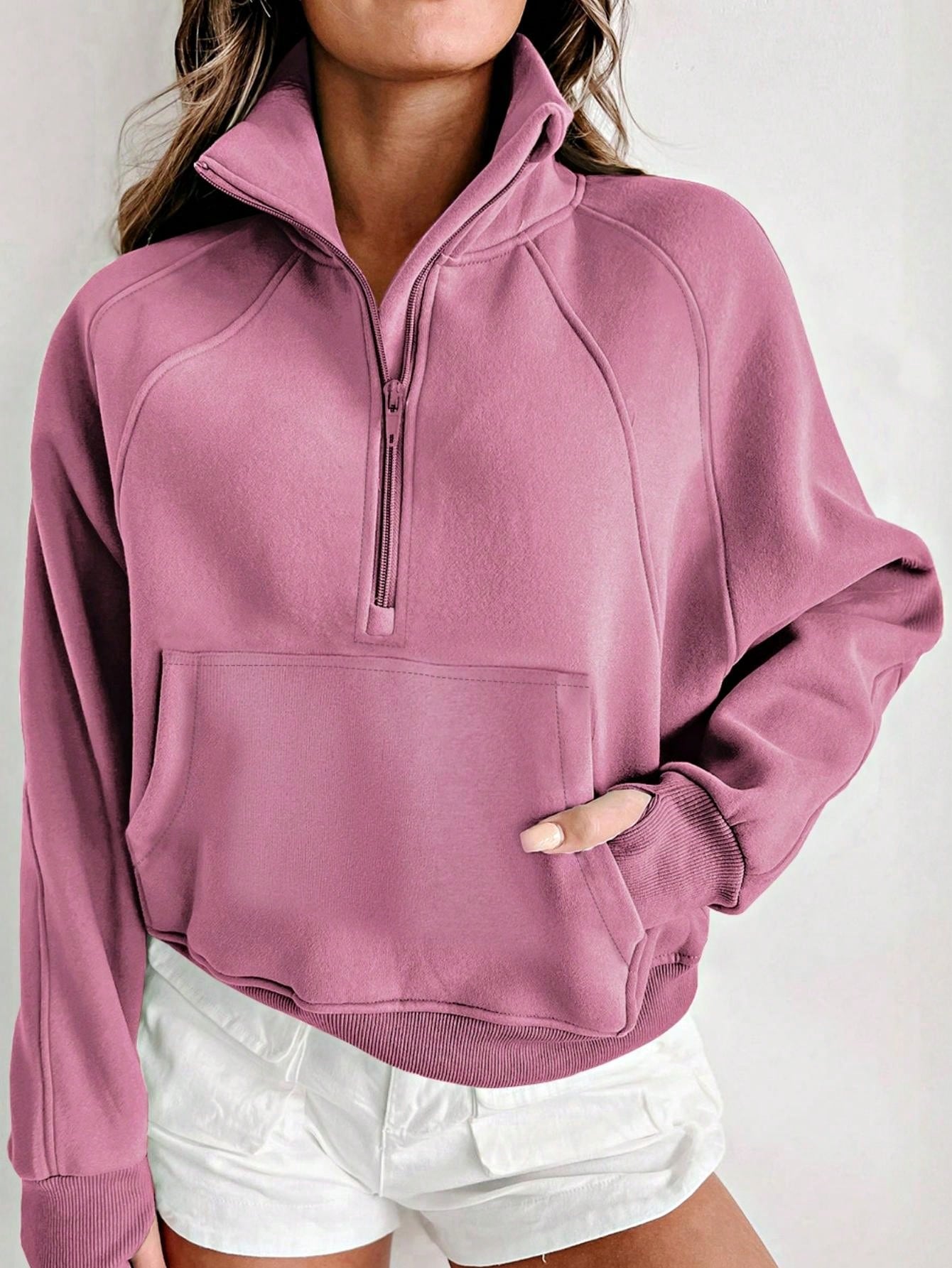 Boho Retro Vintage 90's Cotton Stand Collar  Solid Kangaroo Front Pocket Thumbhole Long Sleeve Zip Up Top Sweatshirt Pullover