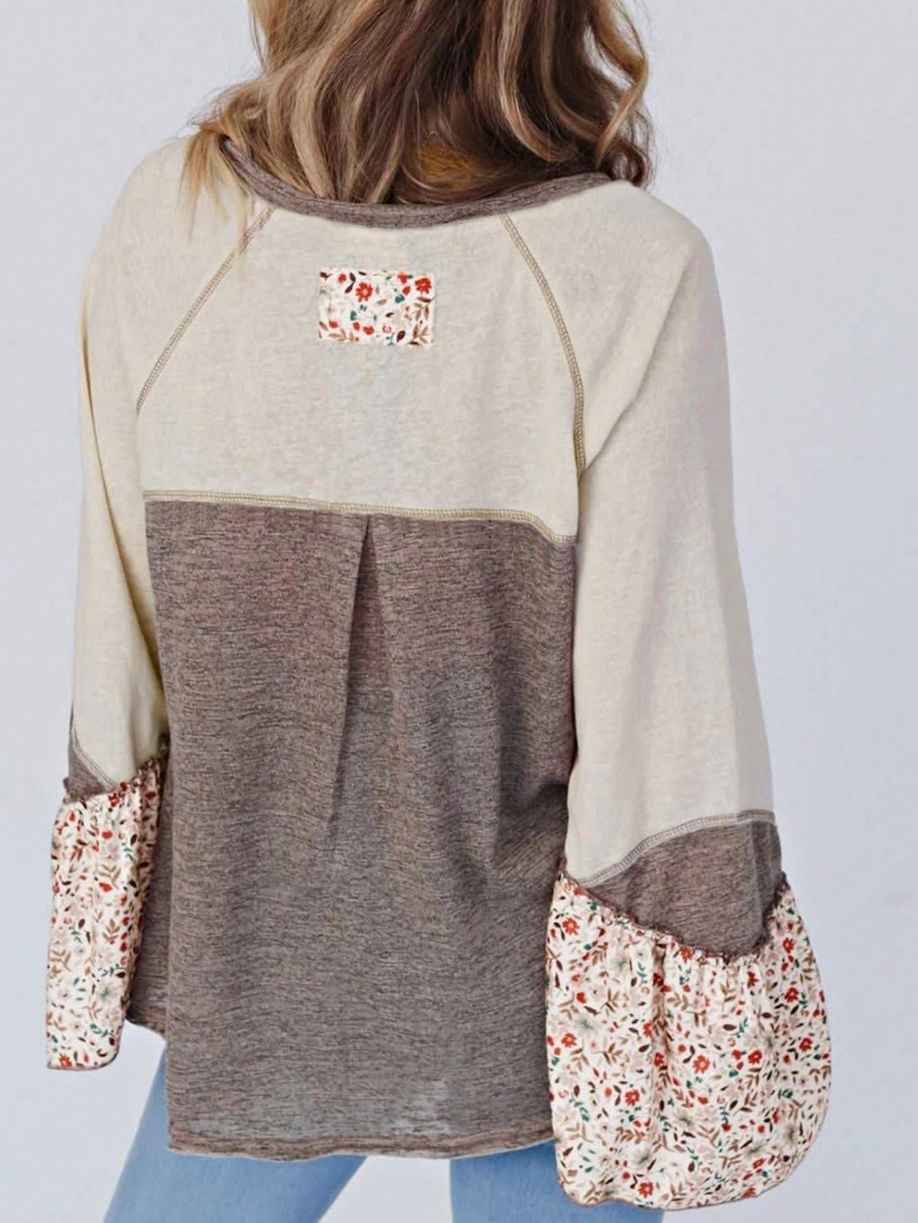 Boho Retro Vintage 90's  Khaki Beige  Viscose Waffle Tulip Petal Sleeve Knit Top Shirt Blouse