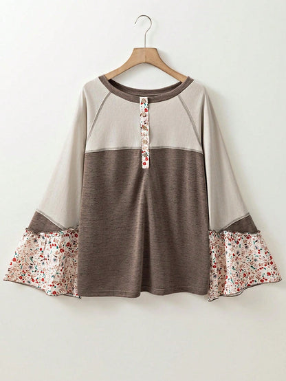 Boho Retro Vintage 90's  Khaki Beige  Viscose Waffle Tulip Petal Sleeve Knit Top Shirt Blouse