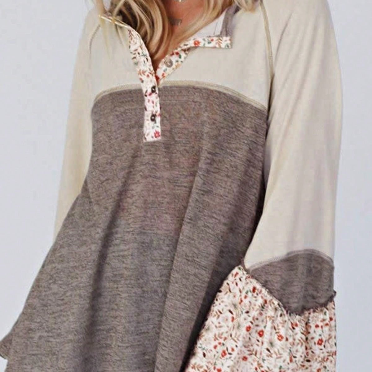 Boho Retro Vintage 90's  Khaki Beige  Viscose Waffle Tulip Petal Sleeve Knit Top Shirt Blouse