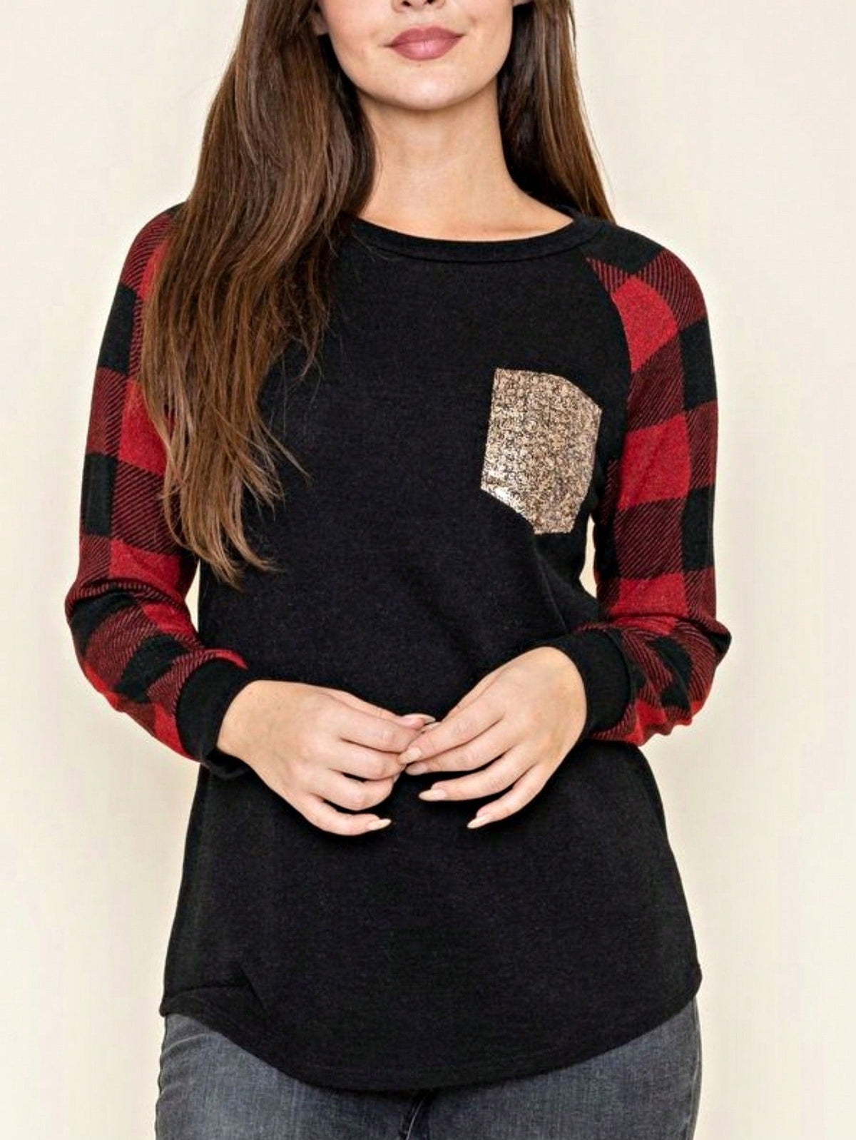 Boho Retro 90's Floral Sequin Plaid Checker Pocket Soft Stripe RaglanTunic Top Shirt Pull Over