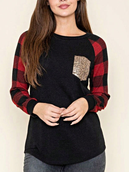 Boho Retro 90's Floral Sequin Plaid Checker Pocket Soft Stripe RaglanTunic Top Shirt Pull Over