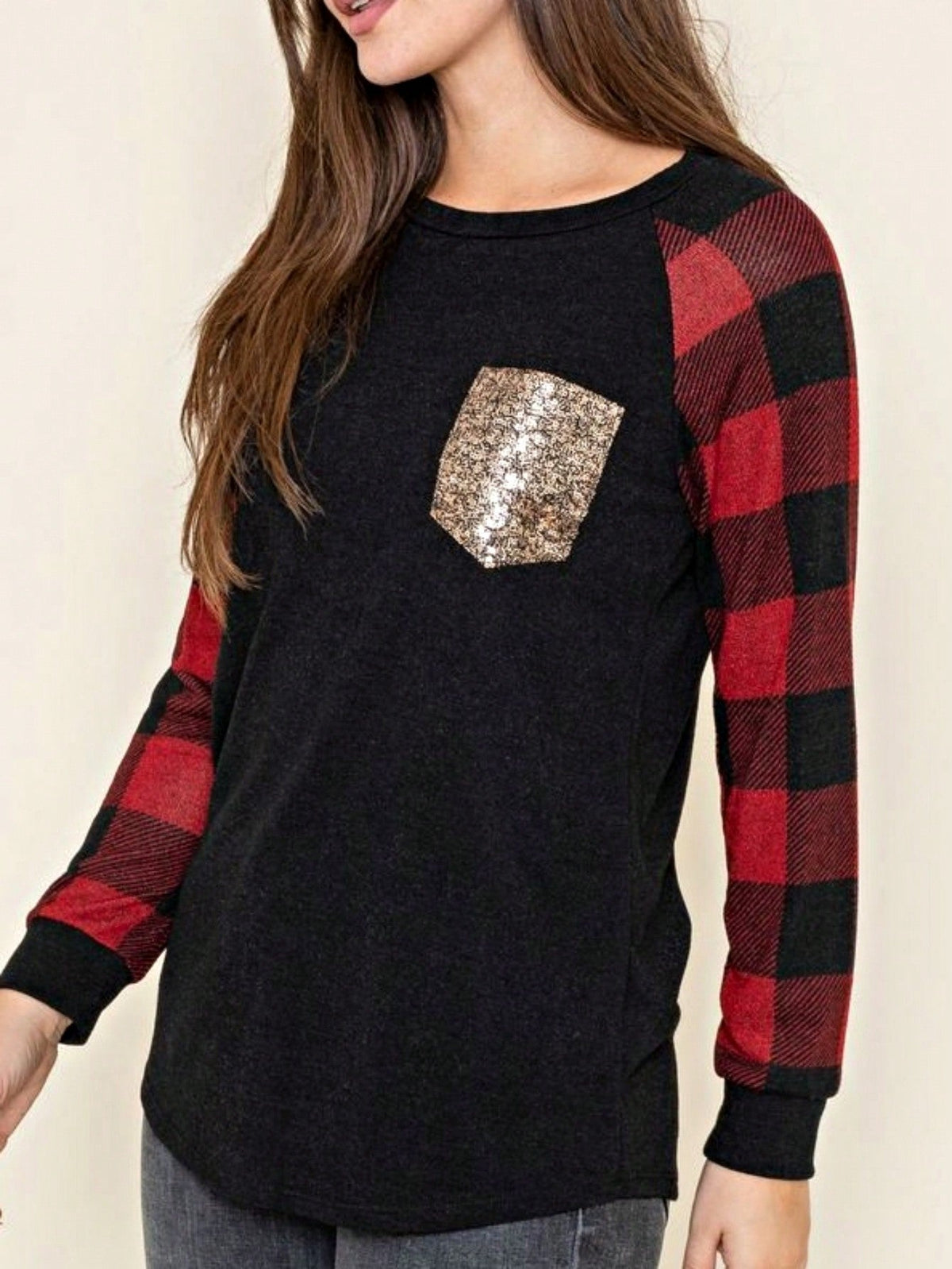 Boho Retro 90's Floral Sequin Plaid Checker Pocket Soft Stripe RaglanTunic Top Shirt Pull Over