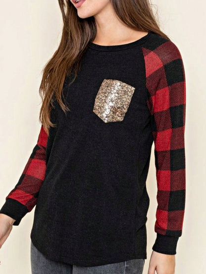 Boho Retro 90's Floral Sequin Plaid Checker Pocket Soft Stripe RaglanTunic Top Shirt Pull Over