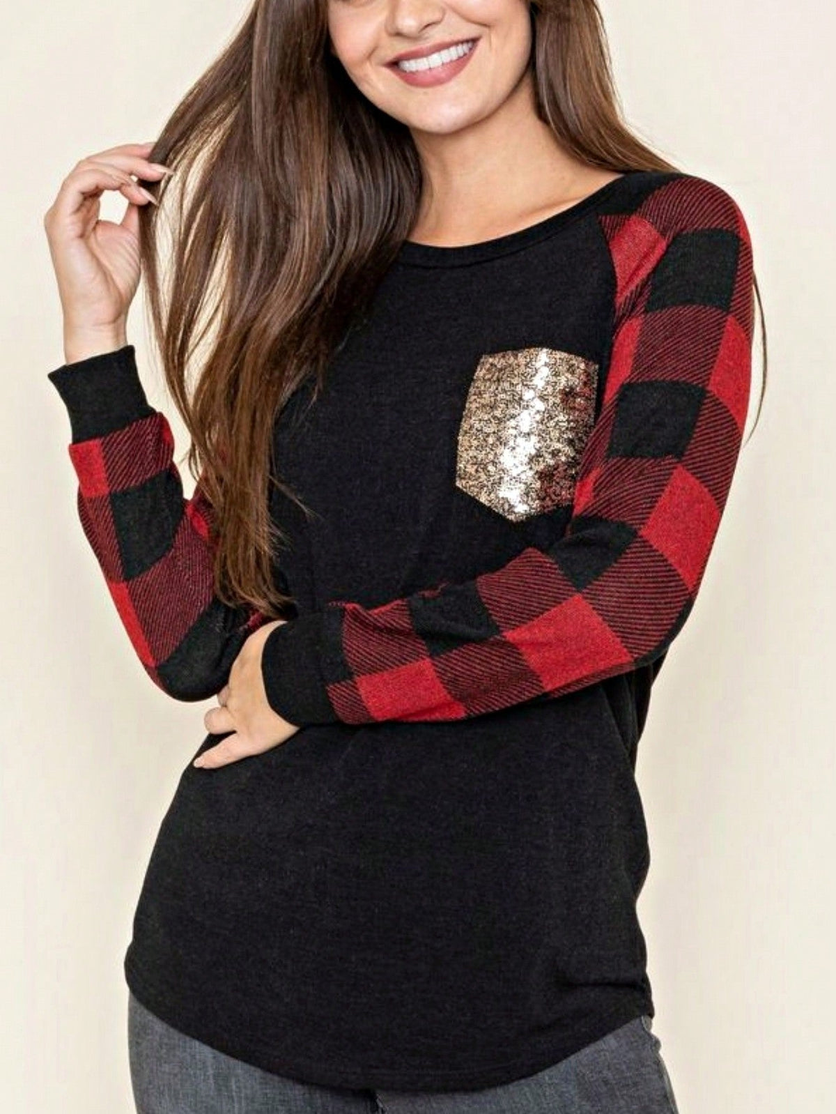 Boho Retro 90's Floral Sequin Plaid Checker Pocket Soft Stripe RaglanTunic Top Shirt Pull Over