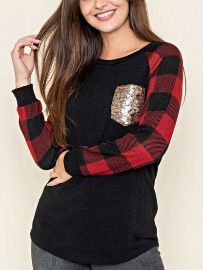 Boho Retro 90's Floral Sequin Plaid Checker Pocket Soft Stripe RaglanTunic Top Shirt Pull Over