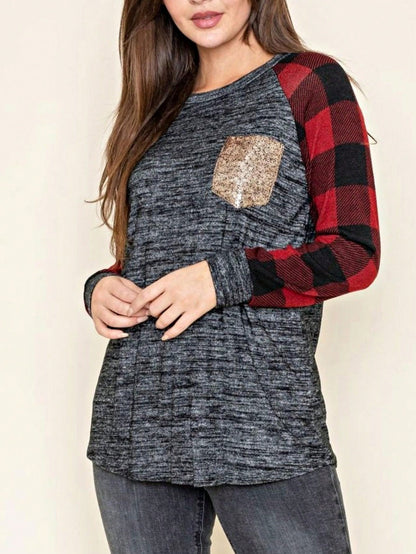 Boho Retro 90's Floral Sequin Plaid Checker Pocket Soft Stripe RaglanTunic Top Shirt Pull Over
