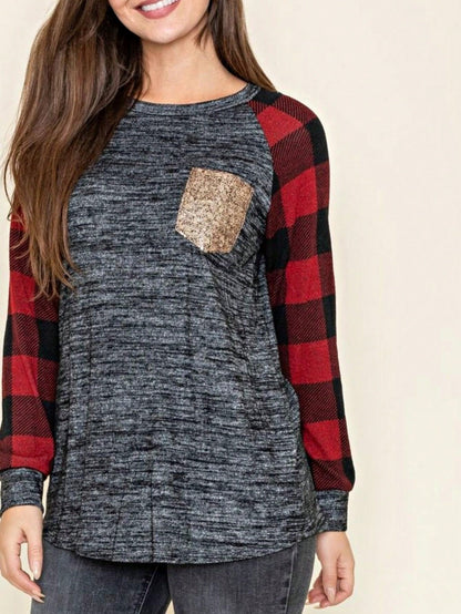 Boho Retro 90's Floral Sequin Plaid Checker Pocket Soft Stripe RaglanTunic Top Shirt Pull Over