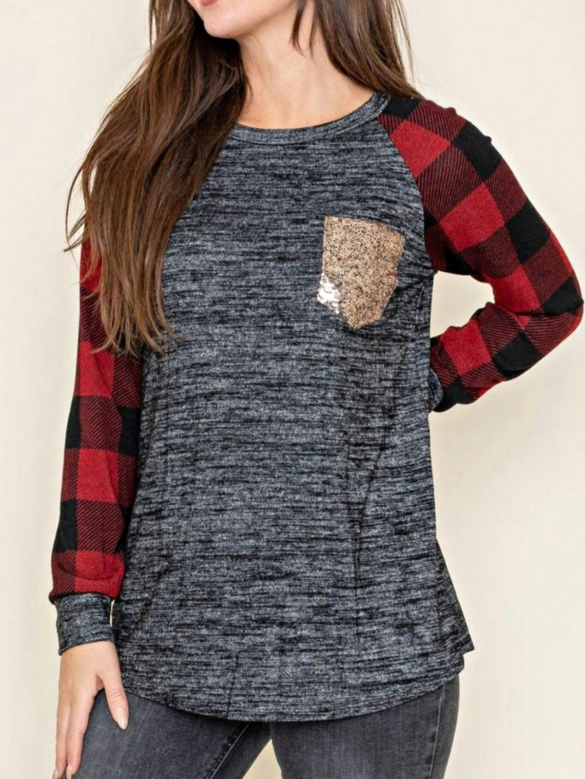 Boho Retro 90's Floral Sequin Plaid Checker Pocket Soft Stripe RaglanTunic Top Shirt Pull Over