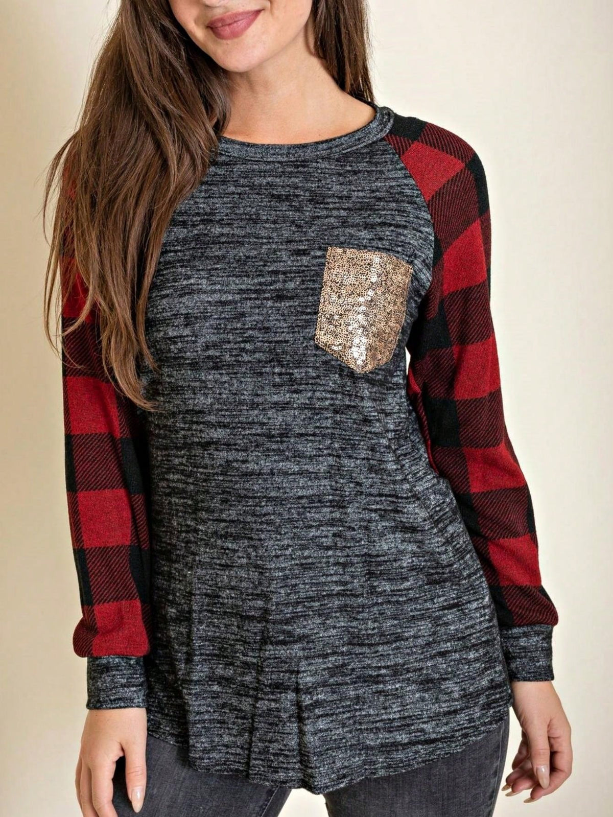 Boho Retro 90's Floral Sequin Plaid Checker Pocket Soft Stripe RaglanTunic Top Shirt Pull Over