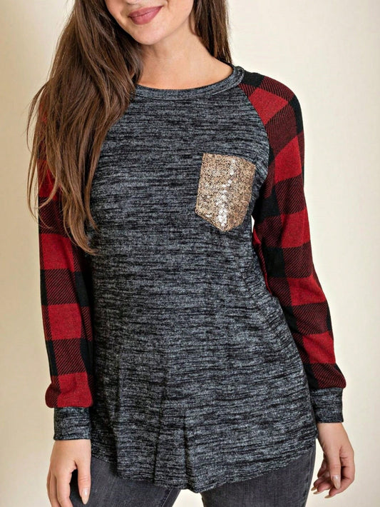 Boho Retro 90's Floral Sequin Plaid Checker Pocket Soft Stripe RaglanTunic Top Shirt Pull Over