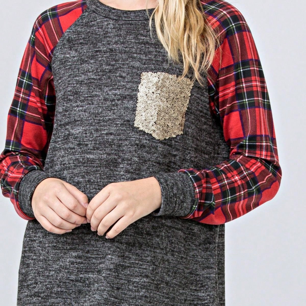 Boho Retro 90's Floral Sequin Plaid Checker Pocket Soft Stripe RaglanTunic Top Shirt Pull Over