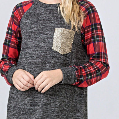 Boho Retro 90's Floral Sequin Plaid Checker Pocket Soft Stripe RaglanTunic Top Shirt Pull Over