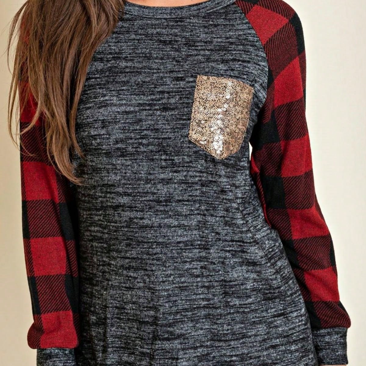 Boho Retro 90's Floral Sequin Plaid Checker Pocket Soft Stripe RaglanTunic Top Shirt Pull Over