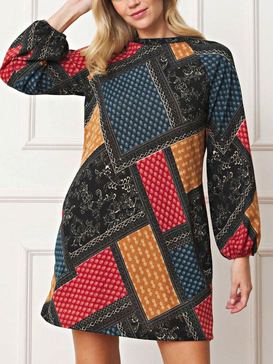 Summer Boho Retro Ditsy Floral  Notch Neck Bubble Sleeve Y2K Tiered Color Block Dress|  Small -3 XL
