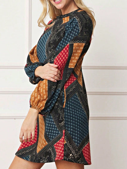 Summer Boho Retro Ditsy Floral  Notch Neck Bubble Sleeve Y2K Tiered Color Block Dress|  Small -3 XL