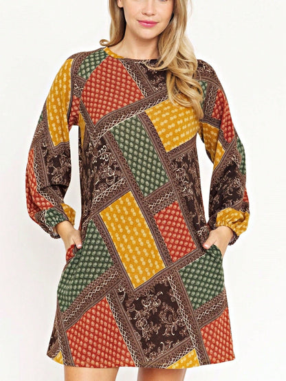 Summer Boho Retro Ditsy Floral  Notch Neck Bubble Sleeve Y2K Tiered Color Block Dress|  Small -3 XL