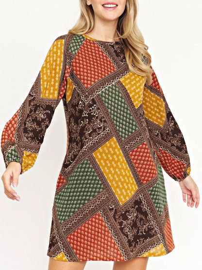 Summer Boho Retro Ditsy Floral  Notch Neck Bubble Sleeve Y2K Tiered Color Block Dress|  Small -3 XL