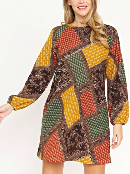 Summer Boho Retro Ditsy Floral  Notch Neck Bubble Sleeve Y2K Tiered Color Block Dress|  Small -3 XL