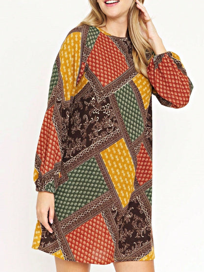 Summer Boho Retro Ditsy Floral  Notch Neck Bubble Sleeve Y2K Tiered Color Block Dress|  Small -3 XL