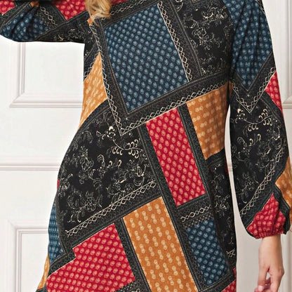 Summer Boho Retro Ditsy Floral  Notch Neck Bubble Sleeve Y2K Tiered Color Block Dress|  Small -3 XL