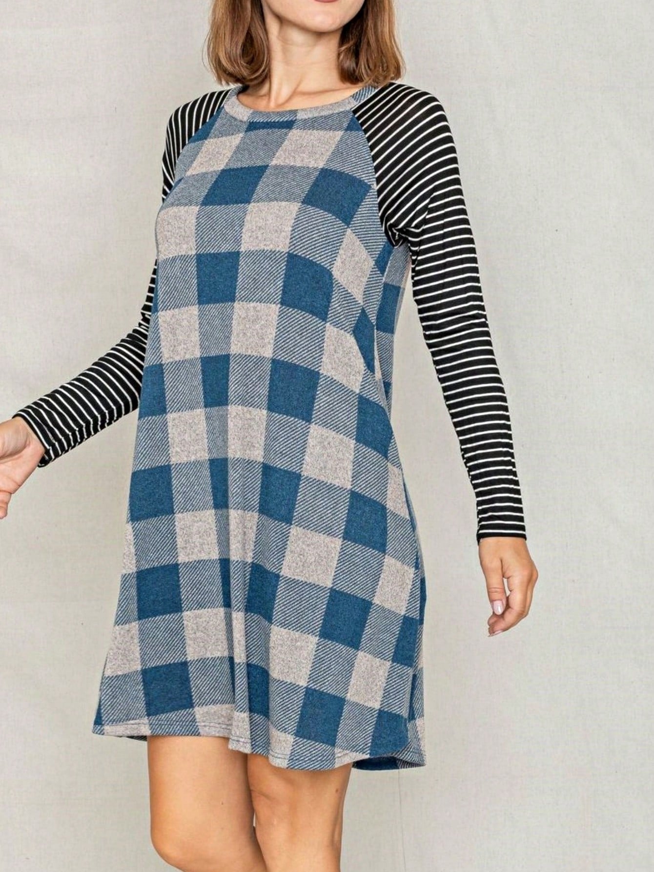 Boho Retro Light Blue Stripe Floral Aline Swing  Dress With Chest Pocket
