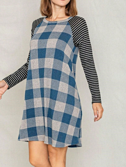 Boho Retro Light Blue Stripe Floral Aline Swing  Dress With Chest Pocket