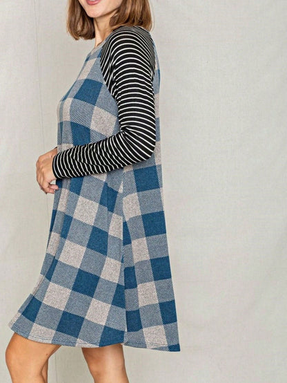 Boho Retro Light Blue Stripe Floral Aline Swing  Dress With Chest Pocket