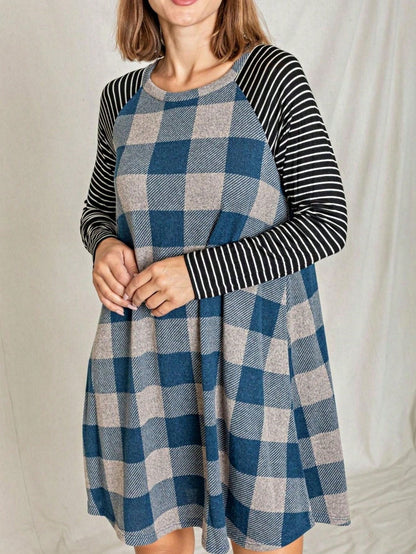 Boho Retro Light Blue Stripe Floral Aline Swing  Dress With Chest Pocket