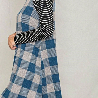 Boho Retro Light Blue Stripe Floral Aline Swing  Dress With Chest Pocket