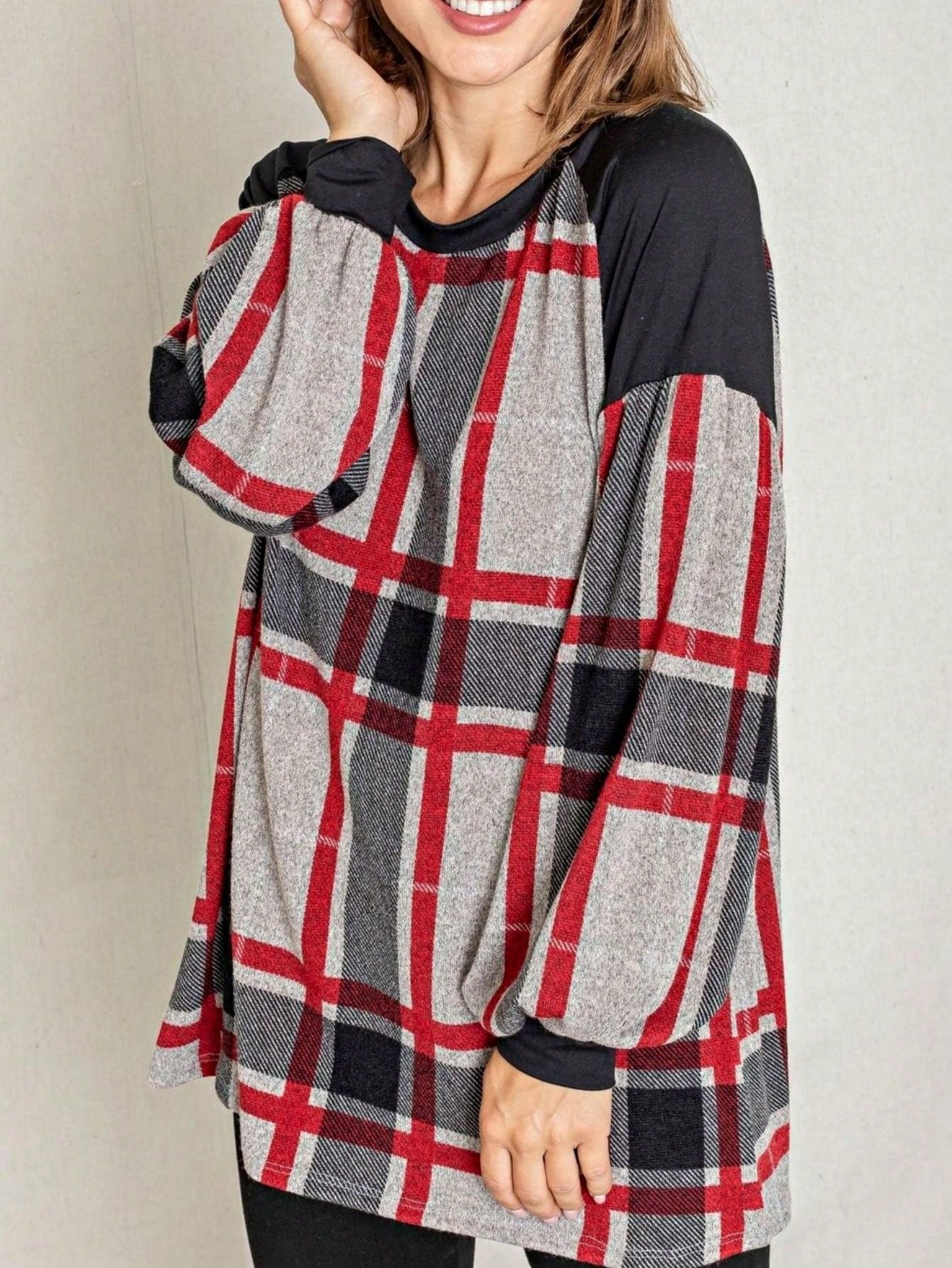 Boho Retro 90's Floral Sequin Plaid Checker Pocket Soft Stripe RaglanTunic Top Shirt Pull Over