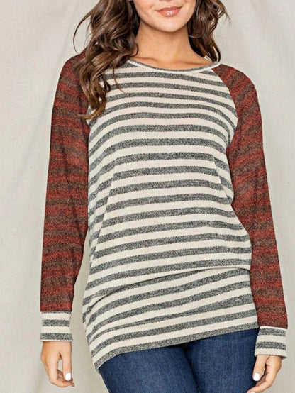 Boho Retro 90's Floral Sequin Plaid Checker Pocket Soft Stripe RaglanTunic Top Shirt Pull Over