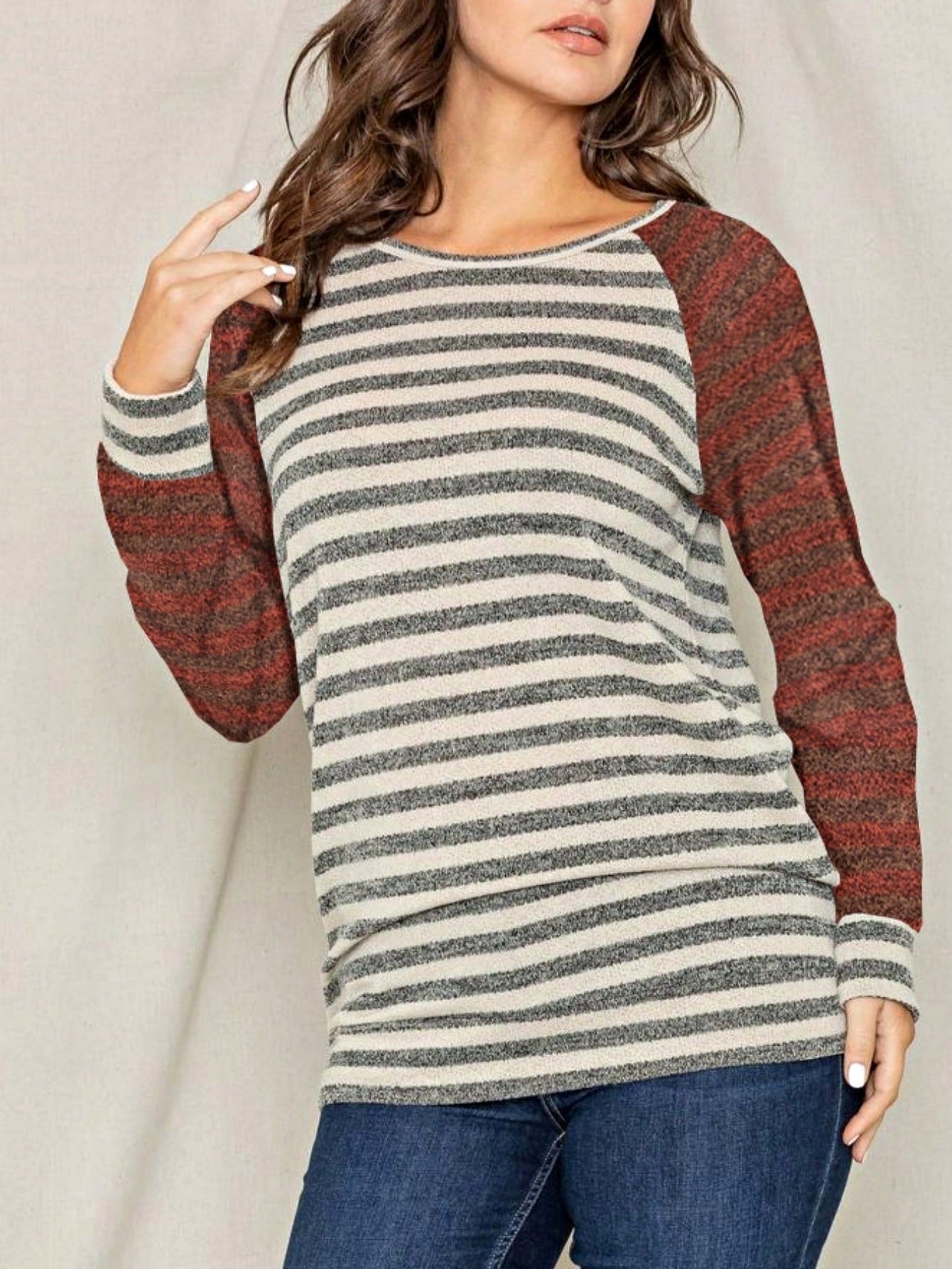 Boho Retro 90's Floral Sequin Plaid Checker Pocket Soft Stripe RaglanTunic Top Shirt Pull Over