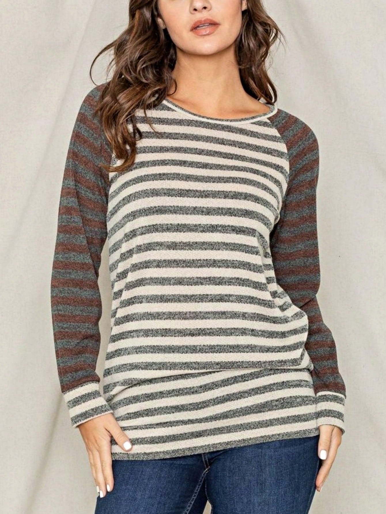 Boho Retro 90's Floral Sequin Plaid Checker Pocket Soft Stripe RaglanTunic Top Shirt Pull Over