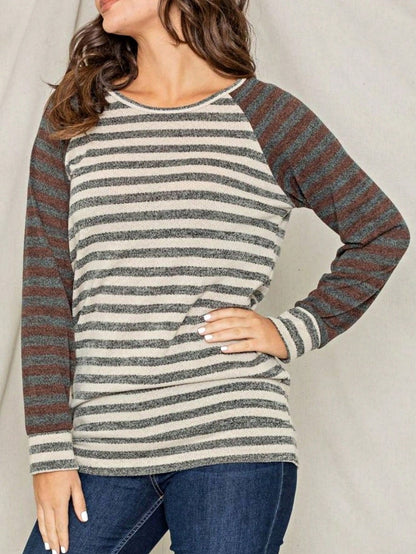 Boho Retro 90's Floral Sequin Plaid Checker Pocket Soft Stripe RaglanTunic Top Shirt Pull Over