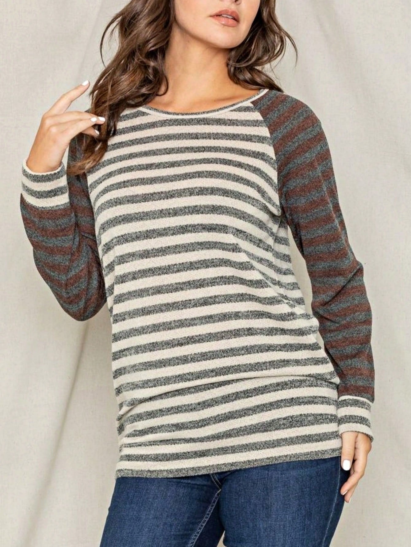 Boho Retro 90's Floral Sequin Plaid Checker Pocket Soft Stripe RaglanTunic Top Shirt Pull Over