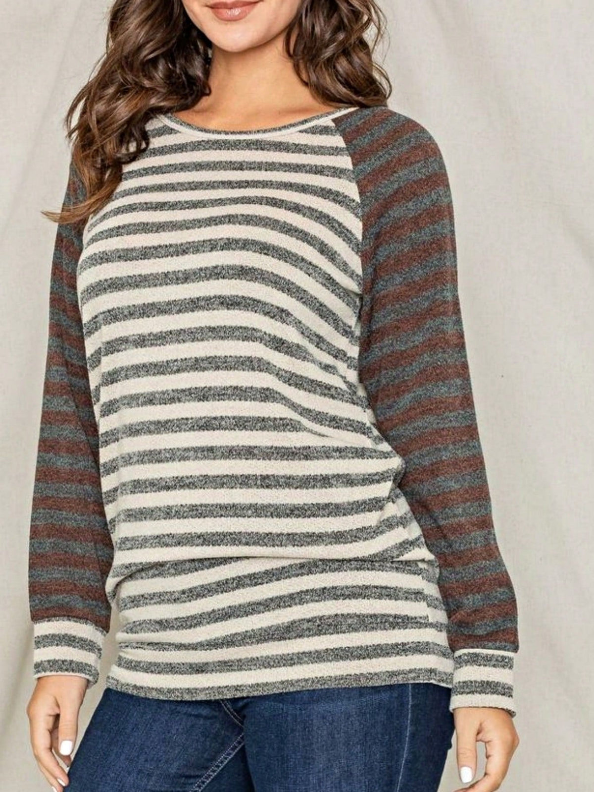 Boho Retro 90's Floral Sequin Plaid Checker Pocket Soft Stripe RaglanTunic Top Shirt Pull Over