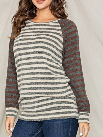 Boho Retro 90's Floral Sequin Plaid Checker Pocket Soft Stripe RaglanTunic Top Shirt Pull Over