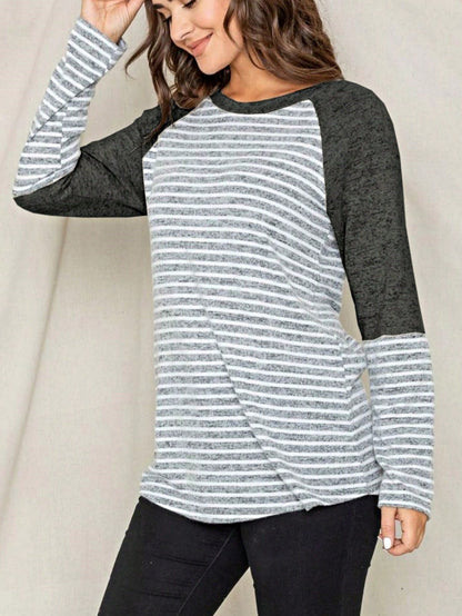 Boho Retro 90's Floral Sequin Plaid Checker Pocket Soft Stripe RaglanTunic Top Shirt Pull Over