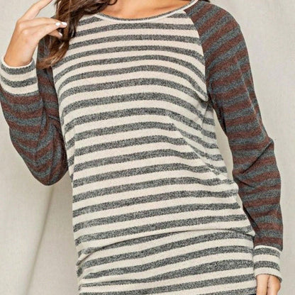 Boho Retro 90's Floral Sequin Plaid Checker Pocket Soft Stripe RaglanTunic Top Shirt Pull Over
