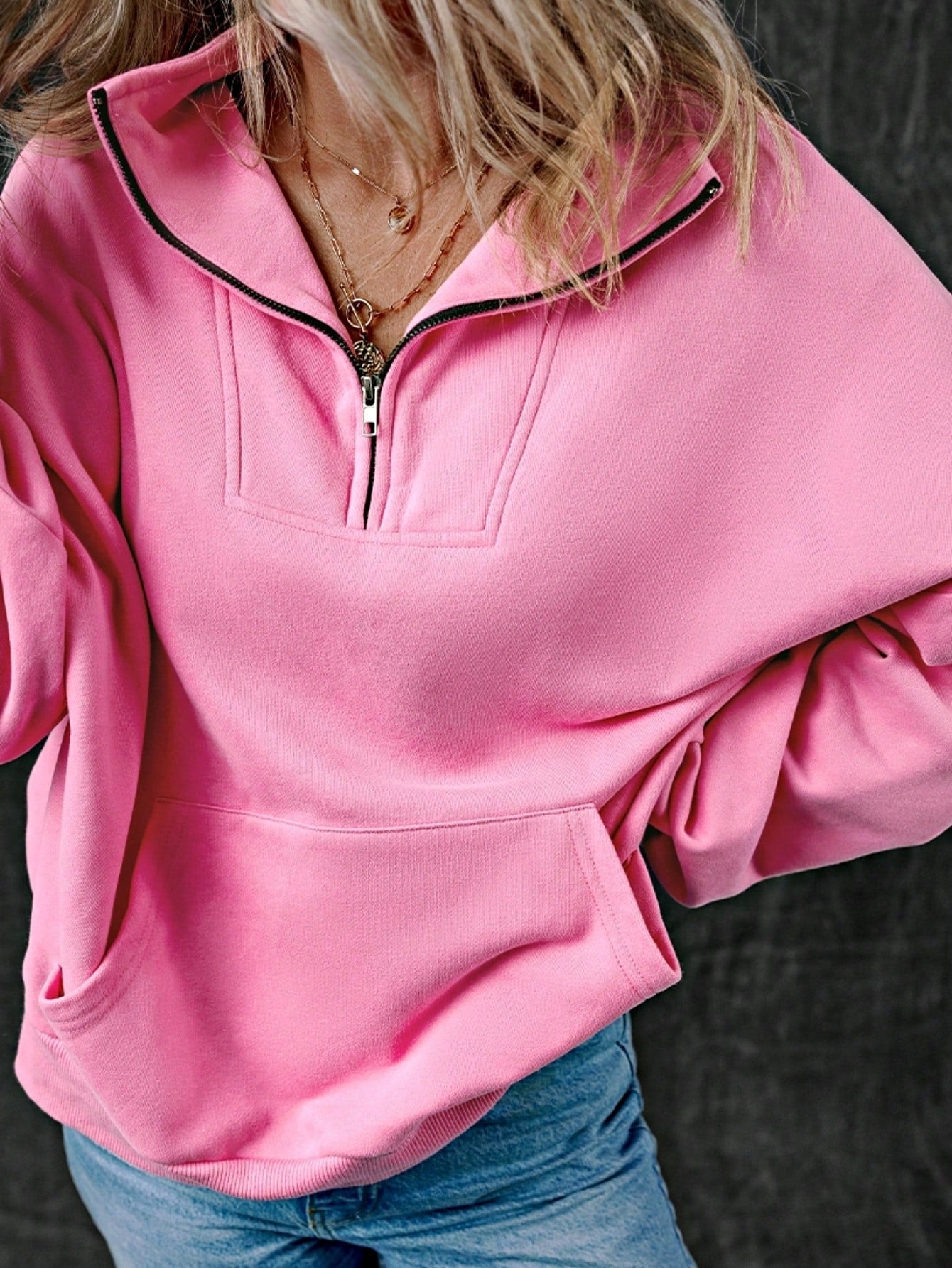 Boho Retro Vintage 90's Cotton  Solid Kangaroo Front Pocket Long Sleeve Zip Up Top Sweatshirt Hoodie Pullover Hooded