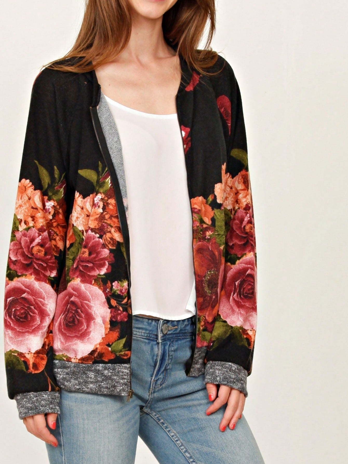 Boho Vintage 90s Vibe Tie Dye Retro Solid Floral Black Long Sleeve Bomber Cardigan Zip Up Yellow Pink Patchwork Multi Print Jacket